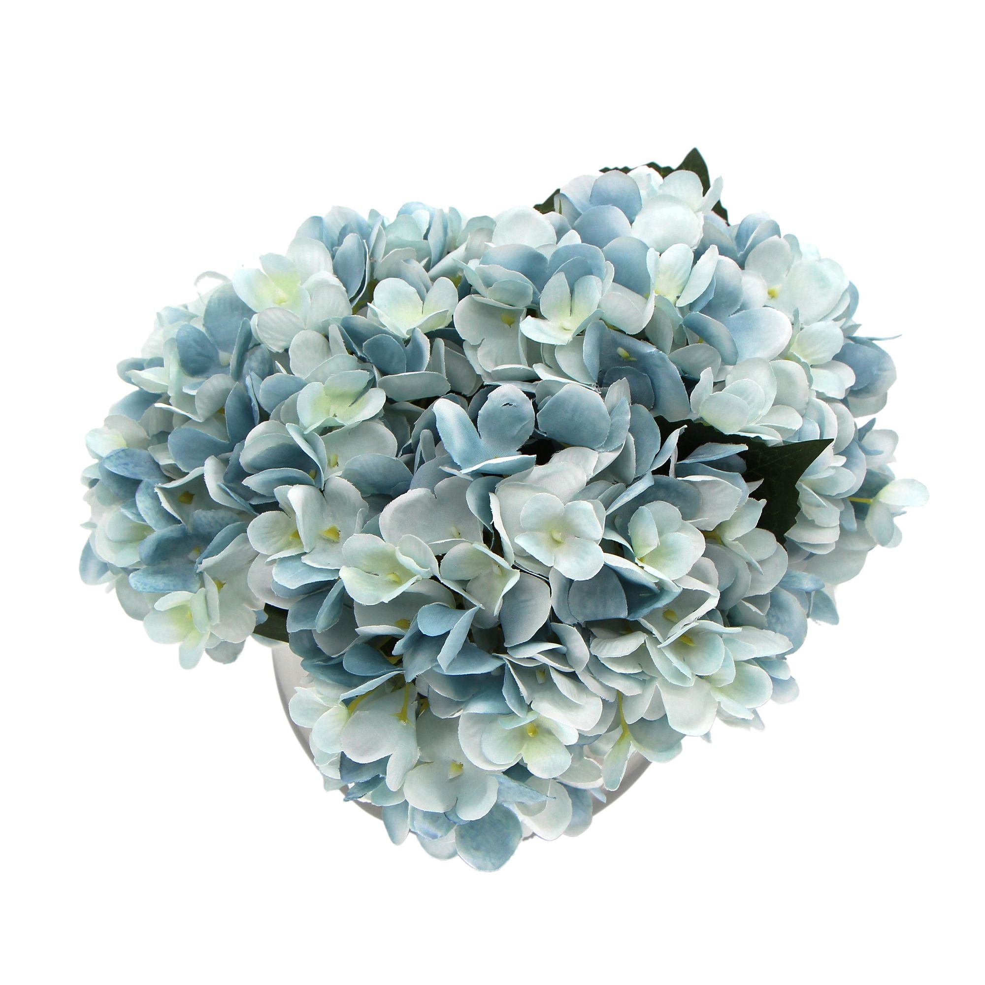 Artificial Flowers & Plants: Premium Faux Hydrangea With Glass Vase (Artificial Flowering Blue Hydrangea) 23cm
