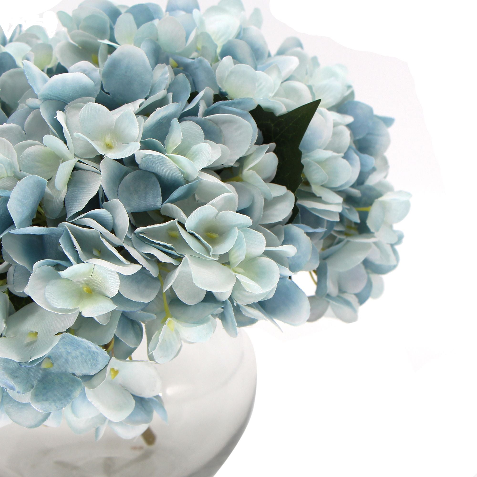 Artificial Flowers & Plants: Premium Faux Hydrangea With Glass Vase (Artificial Flowering Blue Hydrangea) 23cm