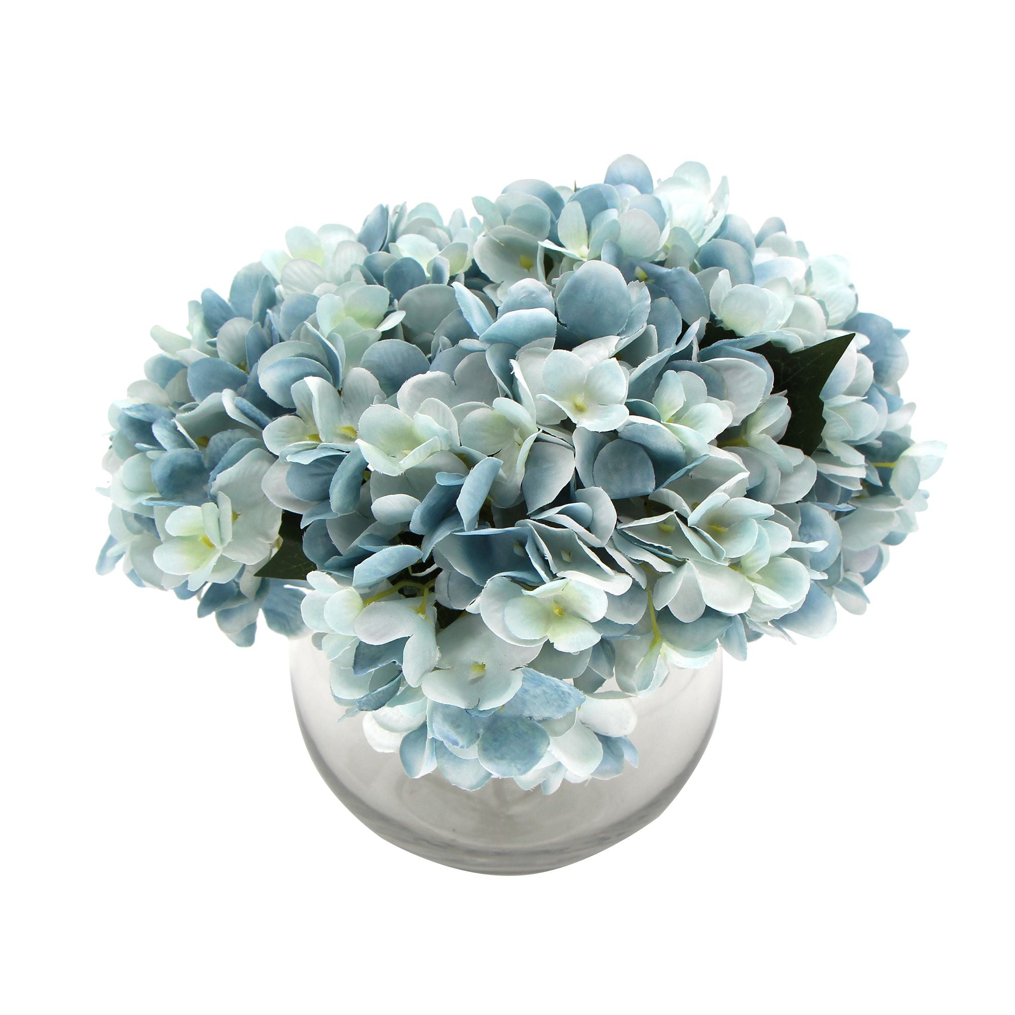 Artificial Flowers & Plants: Premium Faux Hydrangea With Glass Vase (Artificial Flowering Blue Hydrangea) 23cm