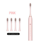 X-3 Sonic Electric Toothbrush, 4 Replacement Brush Heads, and USB Charging Cable - Sleek Pink Design