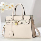 Beige Elegant PU Leather Handbag with Lock Decoration - Structured Tote Bag for Women