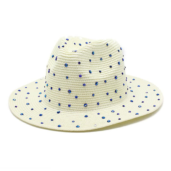 Milky white Women's Wide-Brim Straw Hat with Rhinestones - Elegant and Breathable Sun Hat for Summer Outdoors,M(56-58cm)