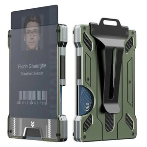 1 Pcs Green Premium RFID Blocking Aluminum Alloy ID Badge Holder with Transparent Card Slot & Money Clip