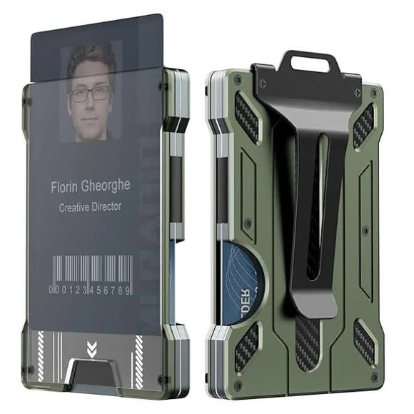 1 Pcs Green Premium RFID Blocking Aluminum Alloy ID Badge Holder with Transparent Card Slot & Money Clip