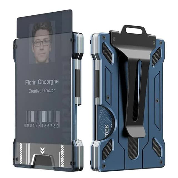 1 Pcs Blue Premium RFID Blocking Aluminum Alloy ID Badge Holder with Transparent Card Slot & Money Clip