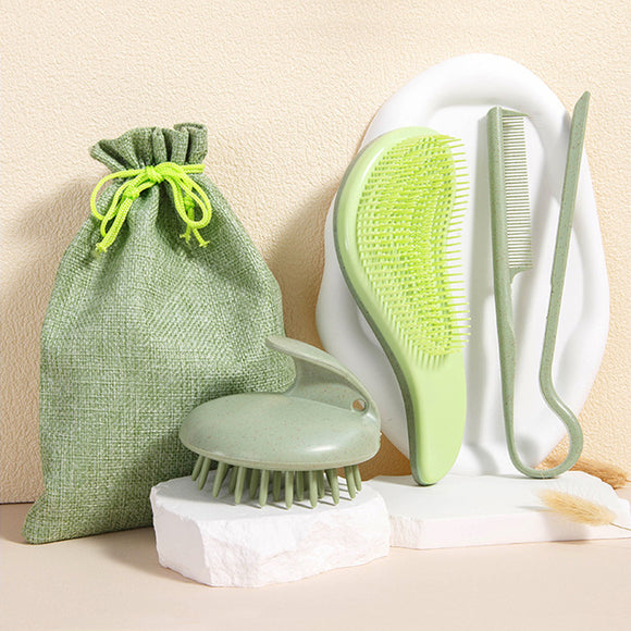 2 Pcs Green Eco-Friendly Wheat Straw Hair Care Set - Massage Brush, Detangling Comb, and V-shaped Comb for All Hair Types