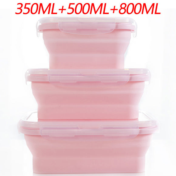 3-piece Set Pink Collapsible Silicone Food Storage Containers Set - 350ML, 500ML, 800ML | BPA-Free, Microwave, Dishwasher & Freezer Safe | Foldable & Portable Bento Boxes for Travel & Outdoor