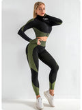 Army Green High Waist Yoga Set for Women - Sports Bra, Long Sleeve Shirt & Leggings 3-Piece Workout Set Size M