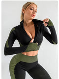 Army Green High Waist Yoga Set for Women - Sports Bra, Long Sleeve Shirt & Leggings 3-Piece Workout Set Size M