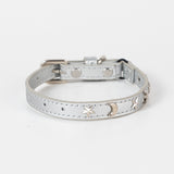 3 pcs Silver Stylish PU Leather Pet Collar - Anti-Loss, Puppy Bell, Star & Moon Design Width 1.2cm Total Length 35cm