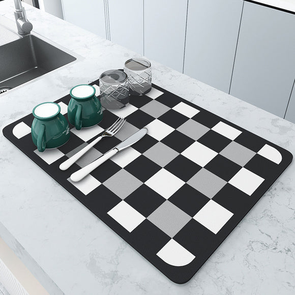 2 PCS Black and white grids Kitchen Drying Mat - Super Absorbent Dish & Cup Drainer Pad 30x40cm