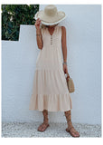 Apricot Flowy Sleeveless Midi Dress - Sleeveless solid sundress with decorative buttons Size L