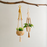 2 pcs Handwoven Plant Hanger-Cotton Rope Hanging Planter with Wooden Rings