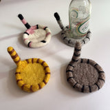 2 Pcs Grey Handmade Wool Felt Cat Coasters - Cute Tiger Design, Heat-Resistant Table Mats