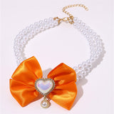 2 - PCS Cute Pet Pearl Necklace Collar with Orange Bow and Heart Charm - Size M