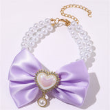 2 - PCS Cute Pet Pearl Necklace Collar with Purple Bow and Heart Charm - Size M