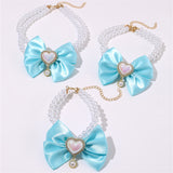 2 - PCS Cute Pet Pearl Necklace Collar with Blue Bow and Heart Charm - Size L