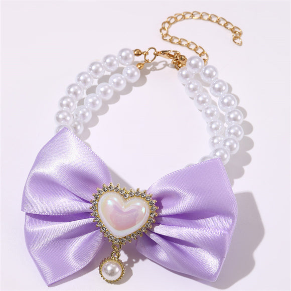 2 - PCS Cute Pet Pearl Necklace Collar with Purple Bow and Heart Charm - Size L