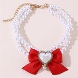 2 - PCS Cute Pet Pearl Necklace Collar with Red Bow and Heart Charm - Size L