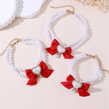2 - PCS Cute Pet Pearl Necklace Collar with Red Bow and Heart Charm - Size L
