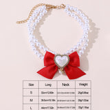 2 - PCS Cute Pet Pearl Necklace Collar with Red Bow and Heart Charm - Size L