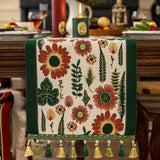 35x120cm Green Pastoral Table Runner - Spring Floral Oil Painting Style with Tassels