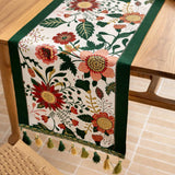 35x240cm Green Pastoral Table Runner - Spring Floral Oil Painting Style with Tassels