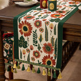 35x260cm Green Pastoral Table Runner - Spring Floral Oil Painting Style with Tassels
