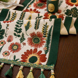 35x260cm Green Pastoral Table Runner - Spring Floral Oil Painting Style with Tassels