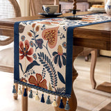 35x330cm Blue Pastoral Table Runner - Spring Floral Oil Painting Style with Tassels