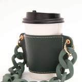 2 Pcs Beige Detachable Chain Coffee Cup Sleeve - PU Leather Insulated Cup Holder with Handle, 16cm Top, 70g(Cup not included, only cup sleeve and chain)