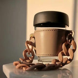 2 Pcs Beige Detachable Chain Coffee Cup Sleeve - PU Leather Insulated Cup Holder with Handle, 16cm Top, 70g(Cup not included, only cup sleeve and chain)