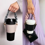 2 Pcs Beige And colored chain Detachable Chain Coffee Cup Sleeve - PU Leather Insulated Cup Holder with Handle, 16cm Top, 70g(Cup not included, only cup sleeve and chain)