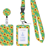 2 Pcs Yellow and Green Sunflower Patterns Retractable Badge Reel & ID Card Holder Set with Lanyard - Durable ABS Plastic