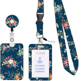 2 Pcs Blue Floral Pattern Retractable Badge Reel & ID Card Holder Set with Lanyard - Durable ABS Plastic