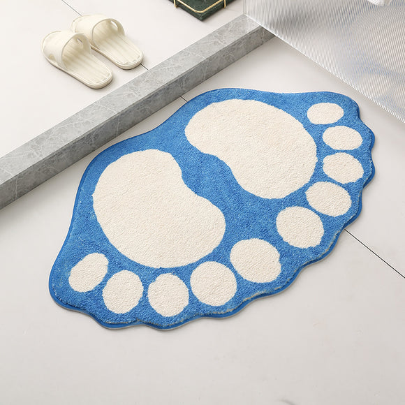 2 Pcs Blue And White Foot-Shaped Plush Bath Mat - Non-Slip Absorbent Bathroom Rug for Bedroom and Doorway (50x80cm)