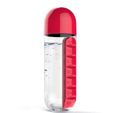 2pc 2-in-1 Water Bottle with 7-Day Pill Organizer - 600ml BPA-Free, Portable & Leakproof(Red)