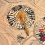 2 PCS Floral Bamboo Folding Hand Fan - Traditional Chinese Style Round Folding Design (Elegant ink flower)
