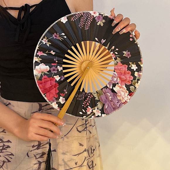 2 PCS Floral Bamboo Folding Hand Fan - Traditional Chinese Style Round Folding Design (Black background with flowers)