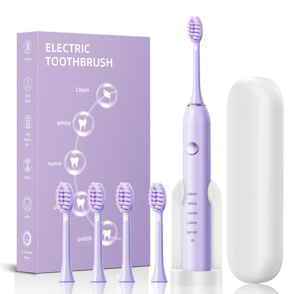 Advanced Sonic Toothbrush: 5 Cleaning Modes, 2-Min Timer, USB Fast Charge, Purple (4 brush heads + bracket + toothbrush box)