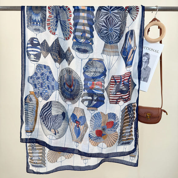 2-Piece Blue Border Retro Lantern Print Scarf - Fashionable Niche Design for Women