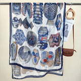 2-Piece Blue Border Retro Lantern Print Scarf - Fashionable Niche Design for Women