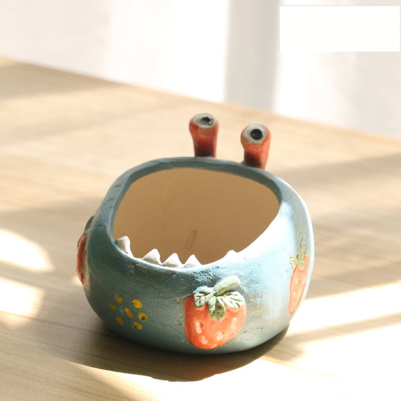 2 Pcs Blue Whimsical Monster Ceramic Succulent Planter - Hand-Painted Character Pot with Drainage