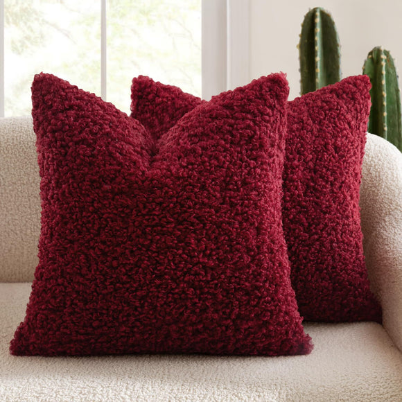 2 Pcs Red Cozy Teddy Boucle Cushion Cover - Plush Decorative Square Pillow Case for Sofa & Bed