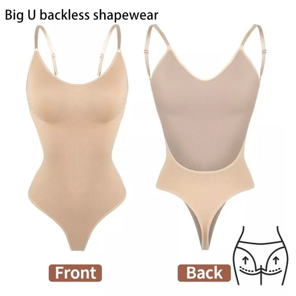 2 Pcs Size M Skin Color Seamless Backless Bodysuit Shapewear - Deep U-Plunge Tummy Control Thong Shaper