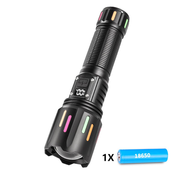 30W High Brightness LED Flashlight with Digital Display & Fluorescent Design - USB Rechargeable, 800-1200M Range(black+One 18650 battery)