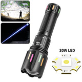 30W High Brightness LED Flashlight with Digital Display & Fluorescent Design - USB Rechargeable, 800-1200M Range(black+One 26650 battery)
