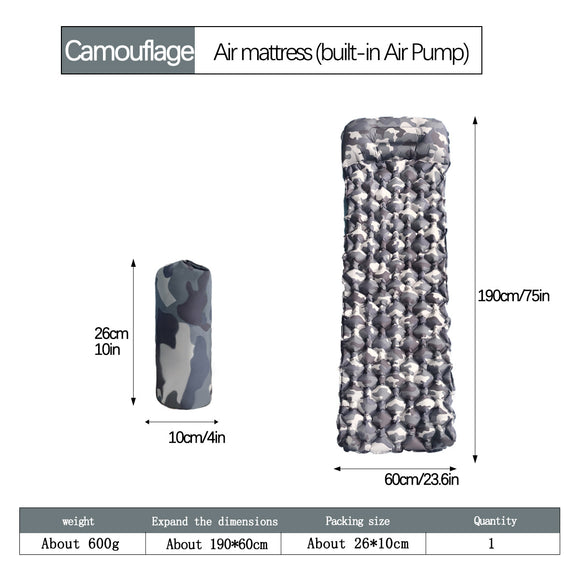 2pc Ultralight Inflatable Camping Sleeping Mat with Integrated Pillow - Waterproof 40D Nylon TPU(Camouflage)