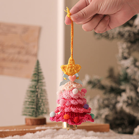 2 Pcs Style A Yellow and Pink Handmade Crochet Christmas Tree Ornament - Festive Hanging Decoration with Jingle Bell