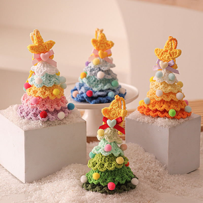 2 Pcs Style A Yellow and Pink Handmade Crochet Christmas Tree Ornament - Festive Hanging Decoration with Jingle Bell